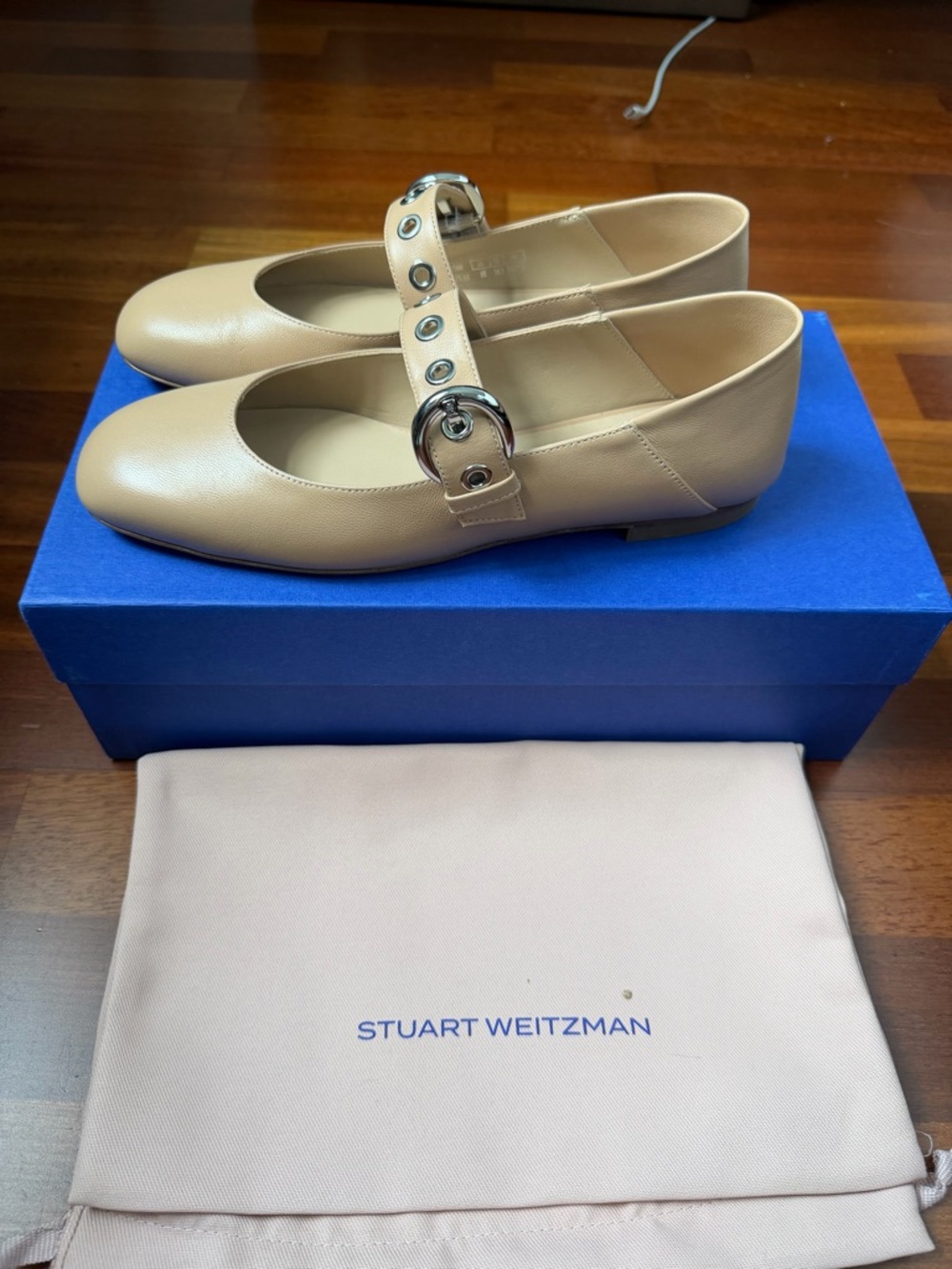 Stuart Weitzman Nude Leather Mary Jane Flats with Silver Buckle